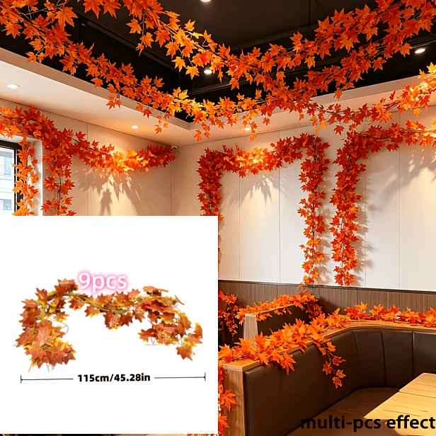 TEMU 9 ks, Celková délka přibližně 1035 cm / 407,48 palců, Umělé javorové červeno-oranžovo-žlutý gradient, Pletivová podzimní závěsná javorová