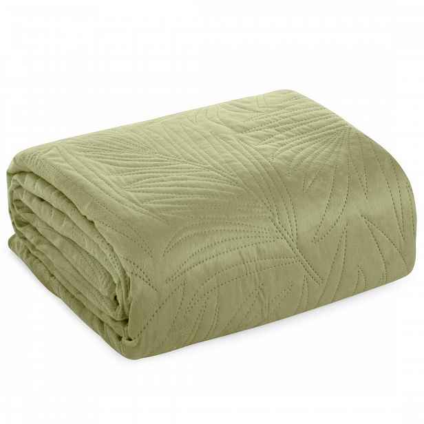 Přehoz na postel LUIZ/4 170x210 světle zelená, palmové listy, prošívaný, glamour styl