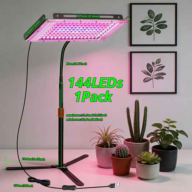 TEMU USB světlo pro pěstování pokojových rostlin, 50/96/144 LED plnospektrální lampa pro rostliny, se stolním stojanem a nastavitelnou výškou/úhlem,