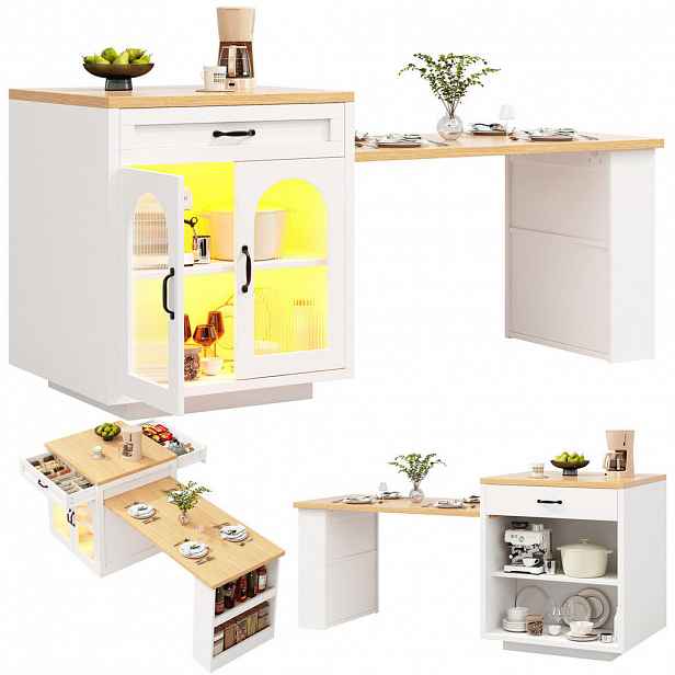 Redom KUCHYŇSKÝ ostrůvek 126-196/59/94 cm s RGB LED osvětlením, výsuvnou deskou a úložným prostorem, Bílá