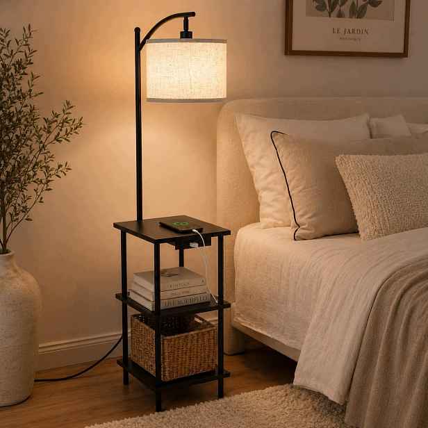 Podlahová Lampa S Policemi 165 CM, Usb-c, Len, Hnědá, Obývací Pokoj
