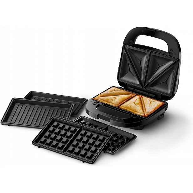 Sendvičář 3 Talíře Panini Toasty Vafle 750 W Nepřilnavý Povrch