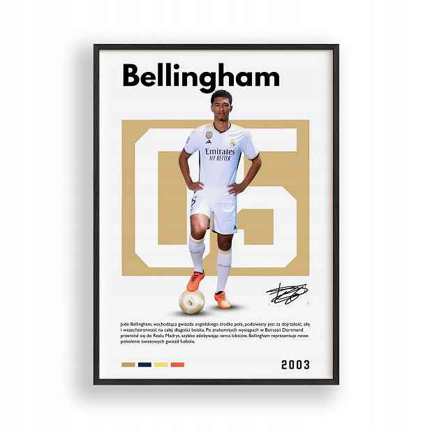 Plakát Bellingham Real Madrid Obraz Rámeček Dřevěný Černý 30x40 cm