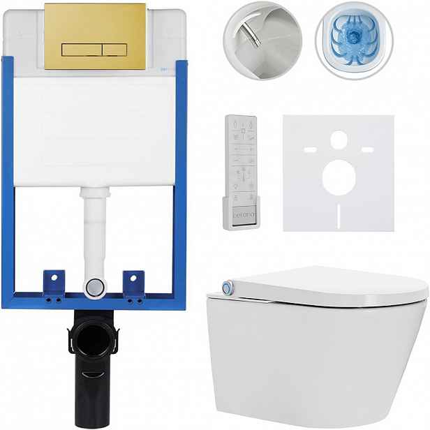Kompletní WC set Profi/Cronus Premium - bílá lesklá - WC tlačítko Slim/Zlatá - pro zazdění - 59,3x38,4 cm