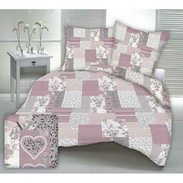 Krepové povlečení 160x200 růžový patchwork srdce motýli květiny