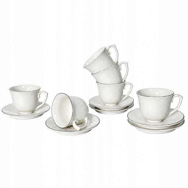 Sada 6 x šálek 250 ml porcelánová Livello s podšálkem, stříbrný proužek