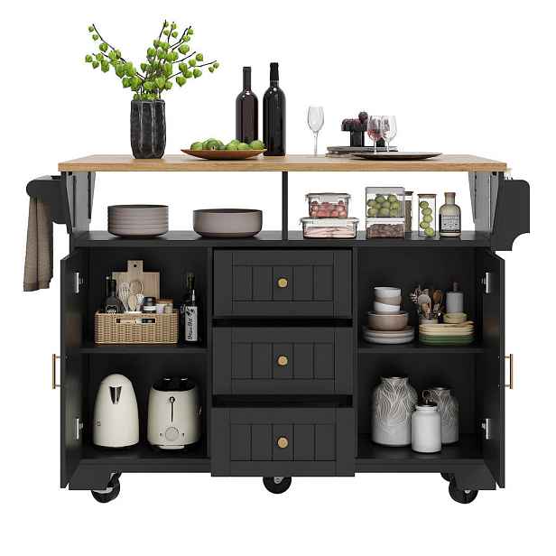 Modenvie KUCHYŇSKÝ ostrůvek z MDF a kovu, 120/40(80)/95 cm, černý, rozkládací na kolečkách