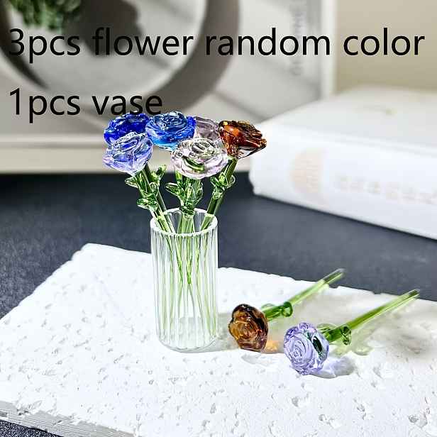 TEMU 2/4 ks Roztomilé mini skleněné růže ve váze, náhodná barva, ručně vyráběná malá váza na květiny, ručně foukané skleněné květiny, kytice jako