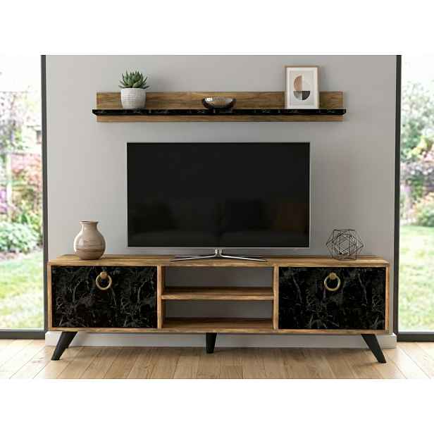 TV stolek ZEN 160 cm s nástěnnou policí, dekor ořech/černý mramor