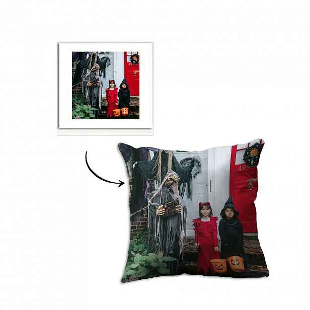 TEMU Vlastní povlak na polštář pro Halloween - Personalizovaný rodinnou fotografií ve strašidelném halloweenském motivu (Kostlivci, Netopýři, Dýně),