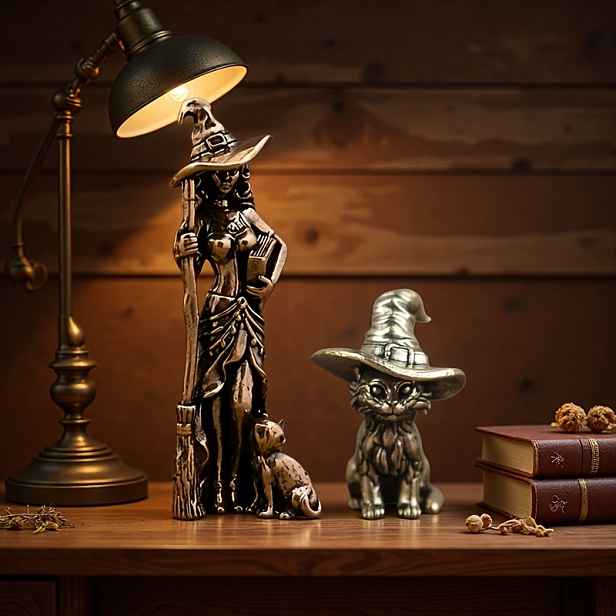 TEMU 2 sběratelské figurky: Retro mosazná soška čarodějnice a čaroděje kočky, magická kočičí kráska kouzelník, dekorace na stůl, ideální dárek pro