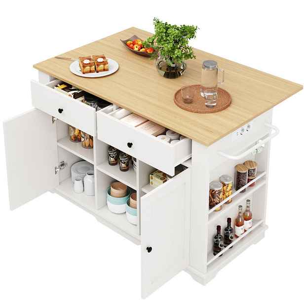 Modenvie KUCHYŇSKÝ ostrůvek z MDF a kovu, 151,5/59,7/91,7 cm, bílý/přírodní, sklápěcí deska a zásuvky
