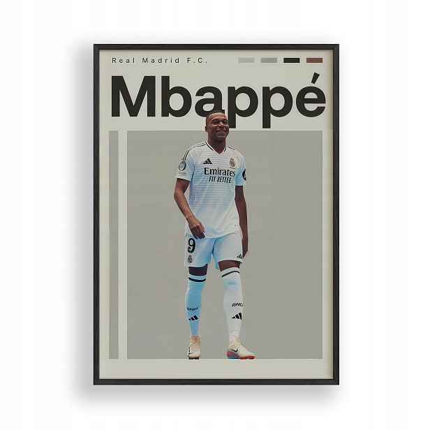 Plakát Kylian Mbappé Real Madrid 9, dřevěný Rámeček černý, 30x40 cm