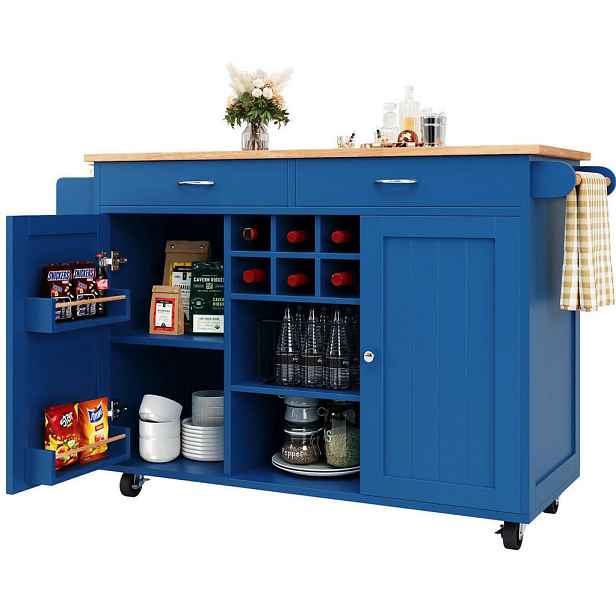 Modenvie KUCHYŇSKÝ ostrůvek 102/45/92 cm z MDF a kovu v modré barvě, pojízdný