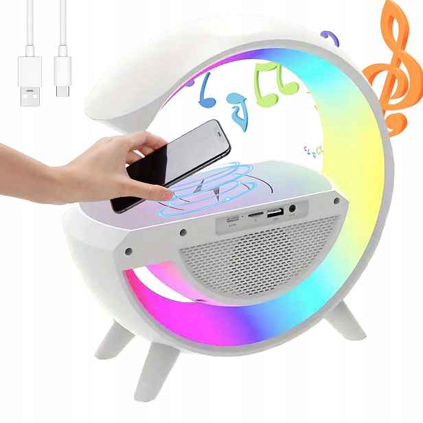 Indukční nabíječka telefonu s hodinami, bluetooth reproduktor, Rgb Led světlo