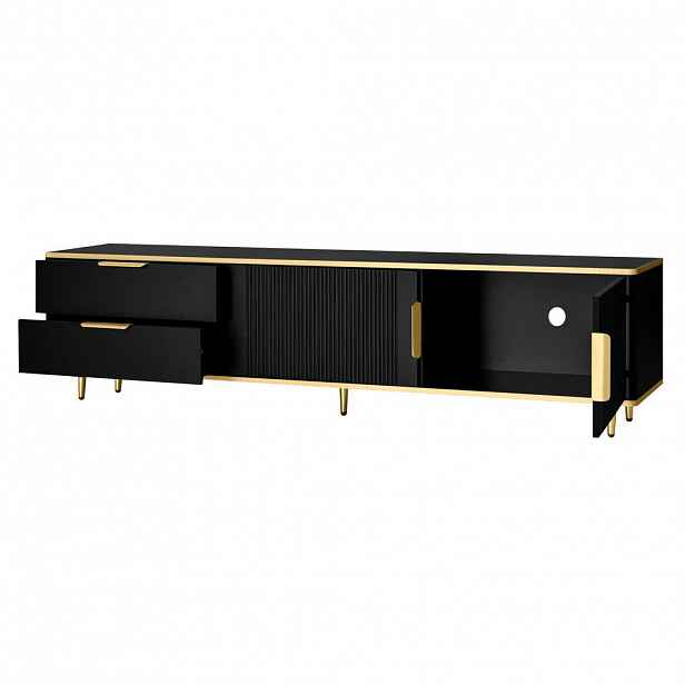 Redom TV stolek 170/45/37 cm se 2 zásuvkami a 2 dvířky, frézovaný dekor, MDF/dřevotříska, černá a zlatá