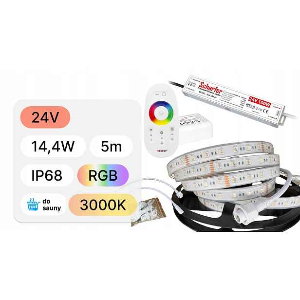 Sada pro osvětlení sauny Led pásek RGB+3000K 5 mb ovladač napájecí adaptér