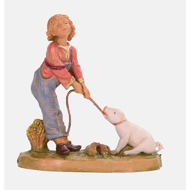 Figurka do betlému od firmy Fontanini – Chlapec s prasátkem, pro figurky o výšce 12 cm