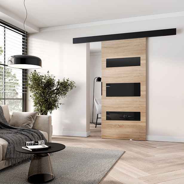 Posuvné interiérové dveře BARRET 14 - 86 cm, dub sonoma / černé