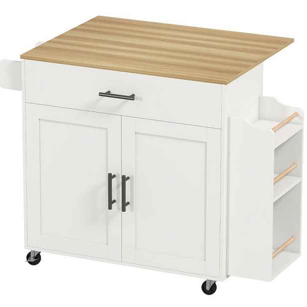 Redom KUCHYŇSKÝ ostrov na kolečkách 120/68/85 cm s výklopnou pracovní deskou, zásuvkou a úložným prostorem, Bílá