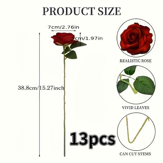 TEMU 13 ks Realistické vínové růže se stonky - Realistické umělé růže pro domácnost, kancelář, zahradu a svatební dekorace - Ideální pro Valentýna a