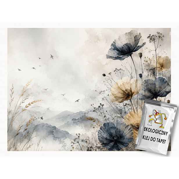 Fototapeta Flizelina Akvarel Hory Ptáci Květy Trávy Mlha 208x146 130g