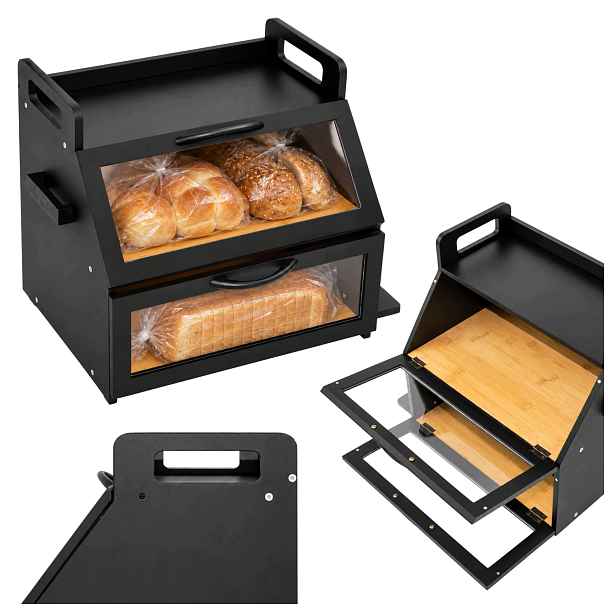 Velký černý dřevěný chlebník z bambusu – box na pečivo 39x38x28 cm