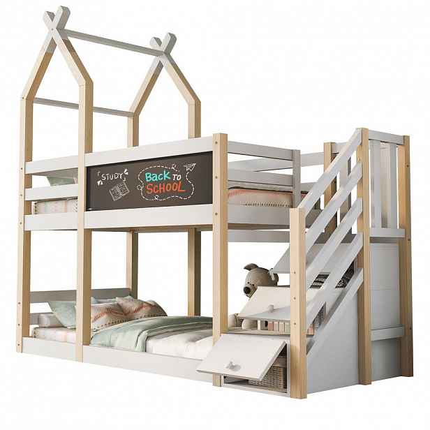 STILVORA PATROVÁ POSTEL 90/200 cm, bílá & přírodní, se schodovou skříní a tabulí, design domku na stromě