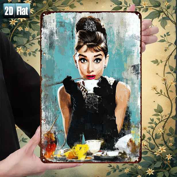 TEMU 2D plochá cedule - 2D rovná cedule - 1 Hepburn Klasická snídaně | 2D rovná kovová železná cedule, rozměr 20.32Cm X 30.48Cm, železný materiál,