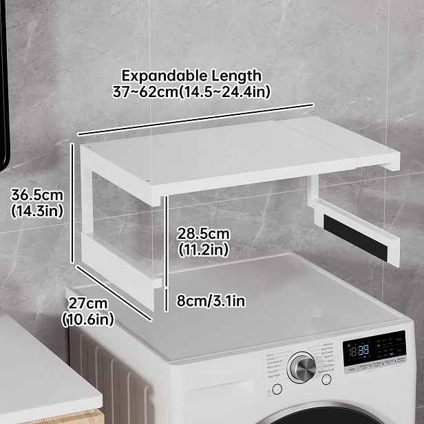 TEMU 1 ks Nastavitelný úložný regál na horní část pračky, určený pro organizaci pracího prášku a maximalizaci prostoru nad pračkou s předním plněním,