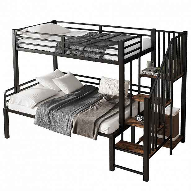 CHICFURN PATROVÁ POSTEL 90/200 cm & 120/200 cm v černé a vintage dřevěné barvě se schody