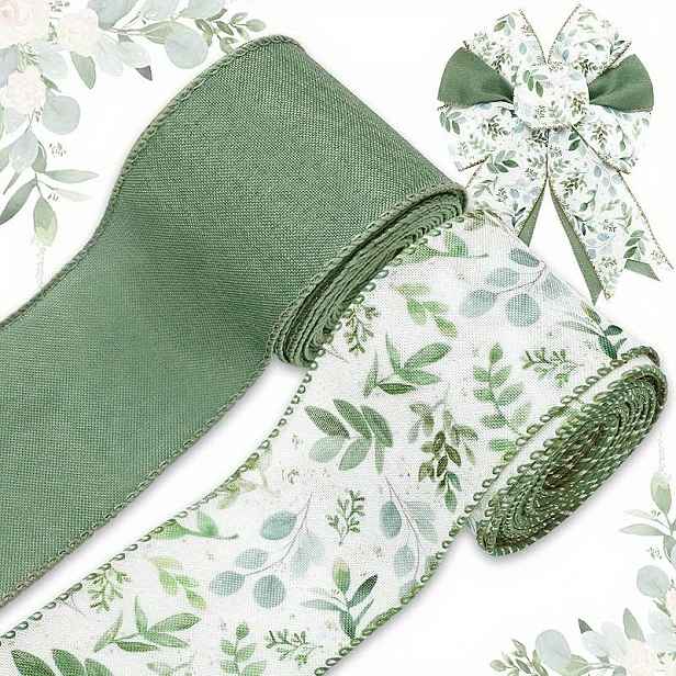 TEMU 2 role 10 yardů zelené drátěné stuhy s okrajem, zelená látka s eukalyptu, řemeslná stuha pro jarní baby shower, balení svatebních dárků, věnce,