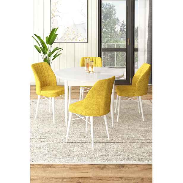 Dining Table & Chairs Set (5 Pieces) Rox - White, Mustard