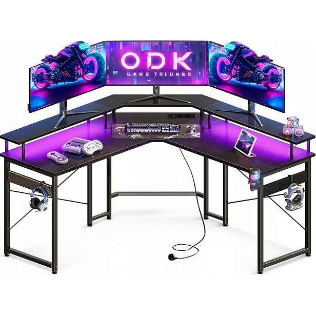 Led Herní Stůl 129X129 CM Usb Zásuvky Černý