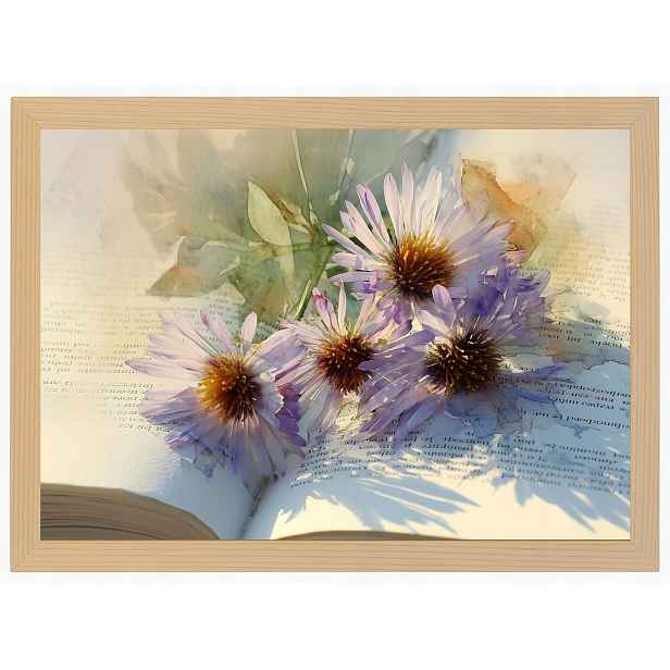 Plakát Rámeček Dřevo Květy Sedmikrásky Kniha Akvarel Vintage 80x60