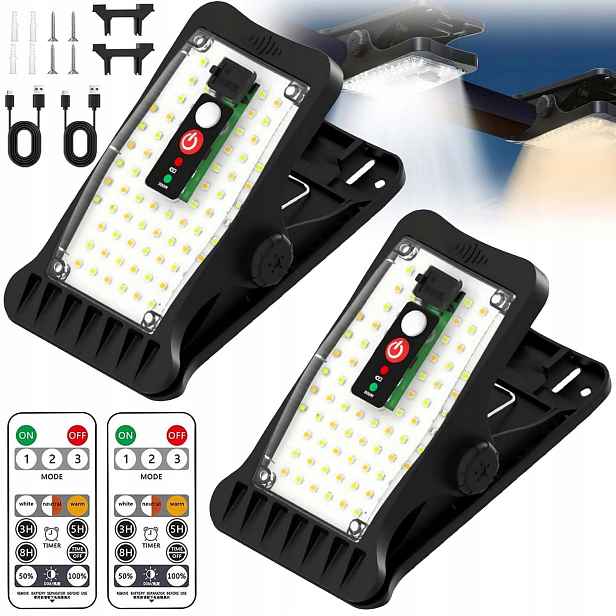 2X Led Lampička Se Solárním Panelem, Bezdrátová, Závěsná, S Klipem