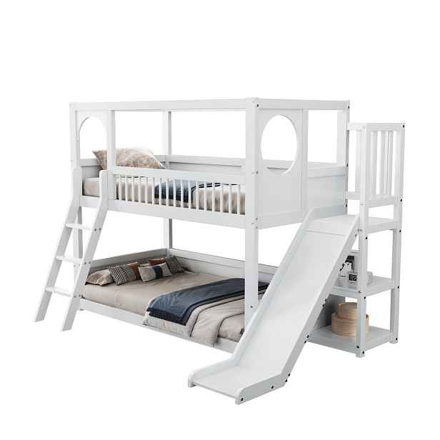 OKWISH PATROVÁ postel 90/200 cm bílá se skluzavkou a úložným prostorem z borovice