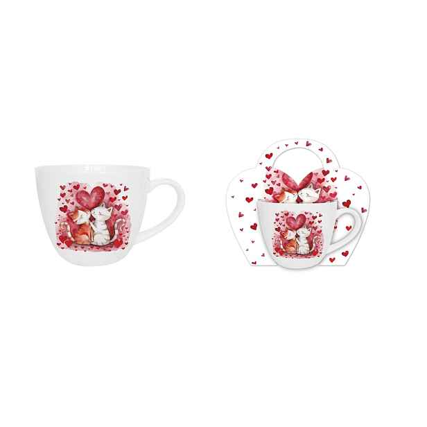 DUO - Hrnek 460ml LOVING CATS srdíčko v dárkovém košíku