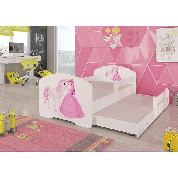 Rozkládací dětská postel se zábranou 160x80 cm BAKRIA - bílá / princezna s koněm