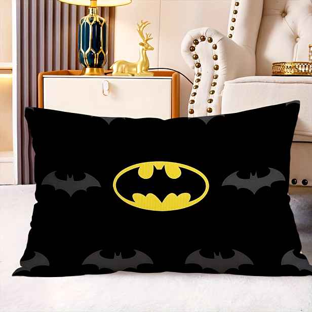 TEMU 1ks Bros Batman Movie & Comic Book Theme Throw Pillow Cover - Krátký plyš, Černý s žlutým batovým symbolem, 11,81x19,69 palce, Perfektní pro