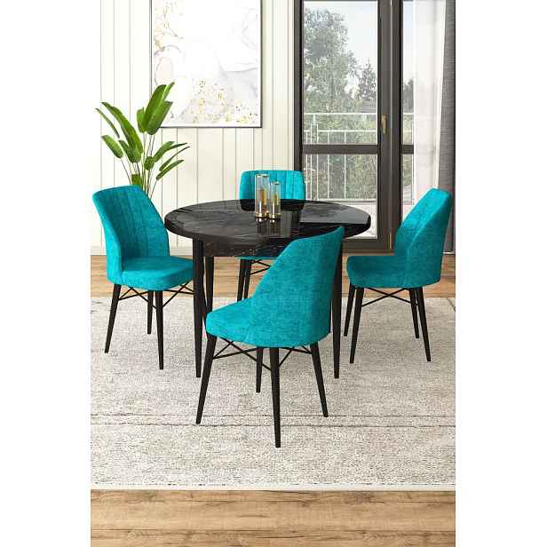Dining Table & Chairs Set (5 Pieces) Rox - Black Marble, Turquoise