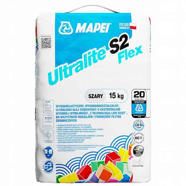 Elastické lepidlo na dlažbu Mapei Ultralite S2 Flex 15 kg šedé