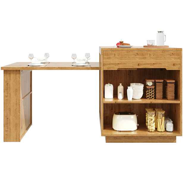 Modenvie KUCHYŇSKÝ ostrůvek z MDF, 122–195/70/93,5 cm, v dekoru dřeva s výsuvným stolem a LED