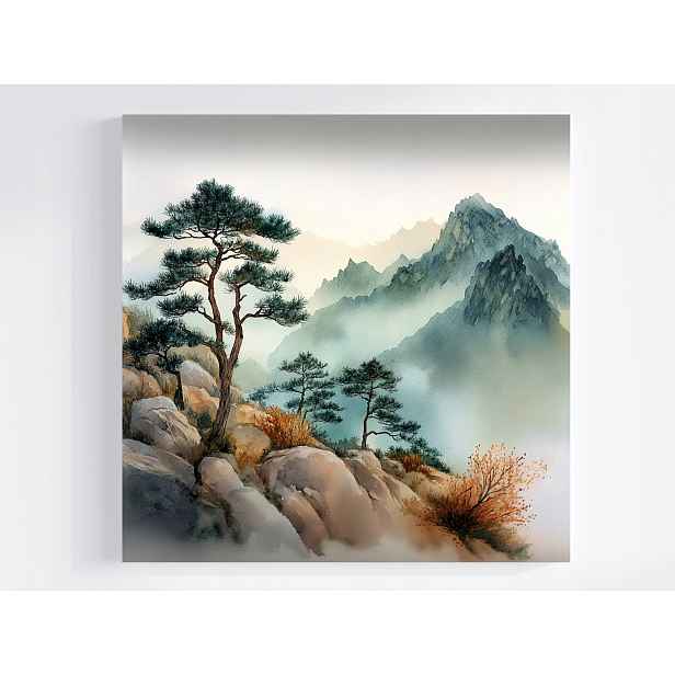 Obraz Na Plátně Canvas Krajina Hory Skály Vrcholy Dřevo Borovice Mlha 50x50