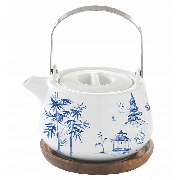 Porcelánová konvice 750 ml podstavec z akátového dřeva, modrý vzor, minimalismus