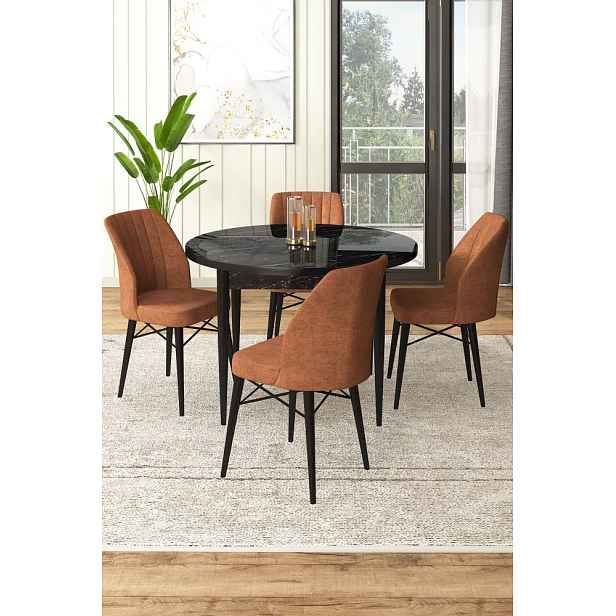 Dining Table & Chairs Set (5 Pieces) Rox - Black Marble, Tile Red