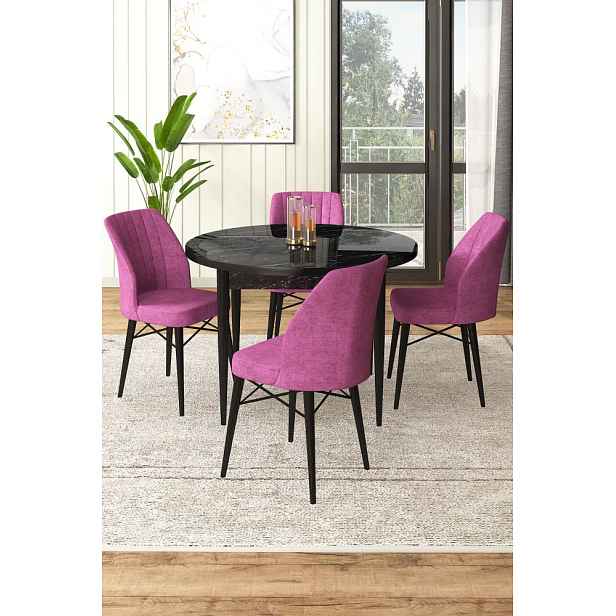 Dining Table & Chairs Set (5 Pieces) Rox - Black Marble, Purple