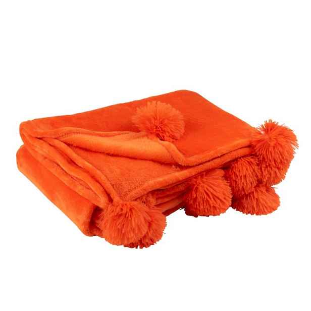 Plyšový pléd s bambulkami v zářivě oranžové Pompom - 130*170*1 cm J-Line by Jolipa