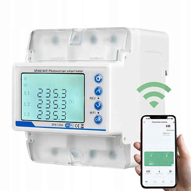 3-fázový WiFi elektroměr 100A Din LCD kWh obousměrný