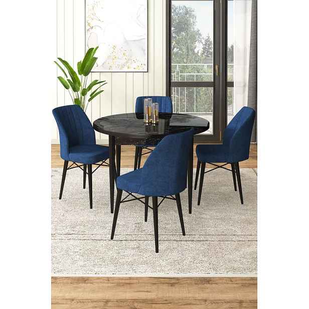 Dining Table & Chairs Set (5 Pieces) Rox - Black Marble, Navy Blue